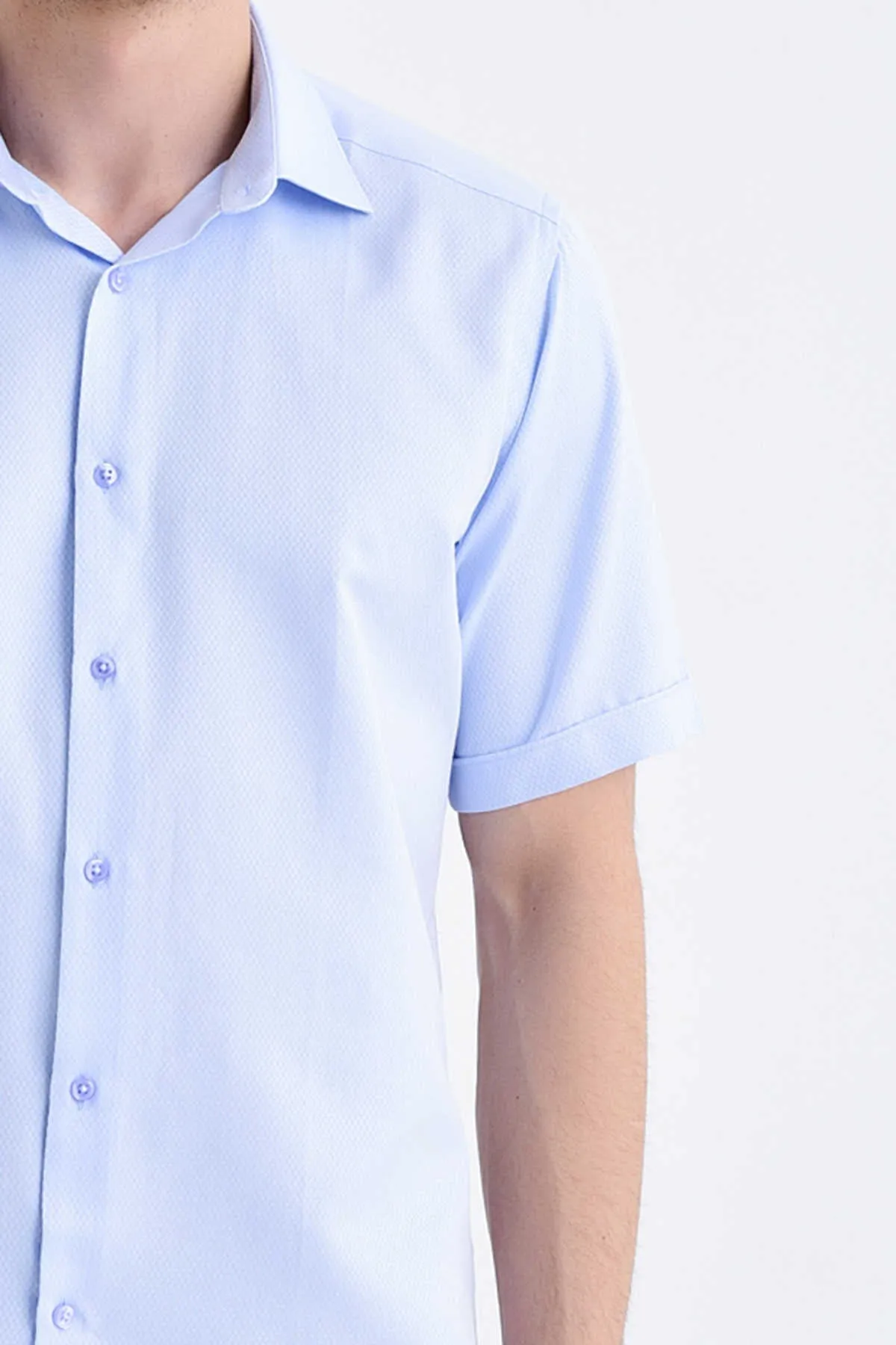 Regular Fit Short Sleeve Patterned Cotton Blend Dress Shirt, Ice Blue D.