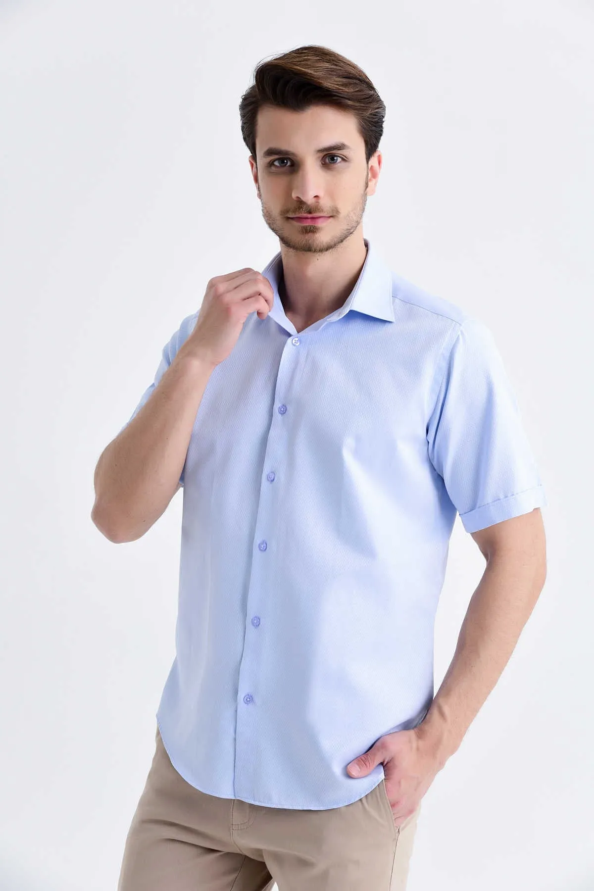 Regular Fit Short Sleeve Patterned Cotton Blend Dress Shirt, Ice Blue D.