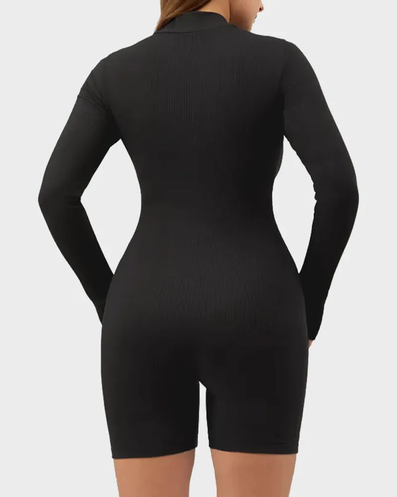 Ribbed Long Sleeve Half-Zip Sculpting Bodysuit Shorts