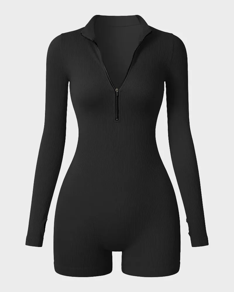 Ribbed Long Sleeve Half-Zip Sculpting Bodysuit Shorts