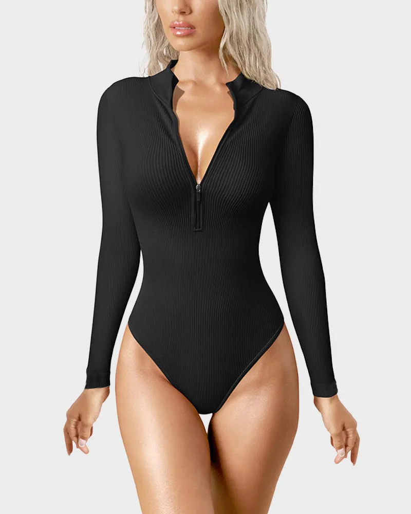 Ribbed Long Sleeve Half-Zip Shaping Bodysuit