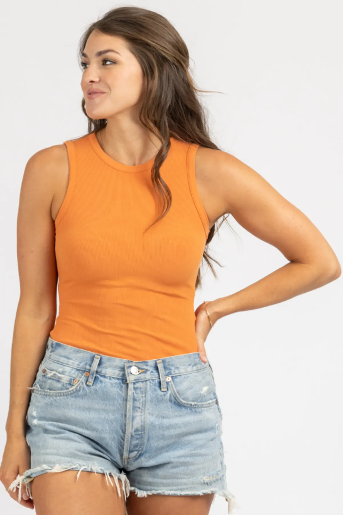 ROUND NECK SLEEVELESS BODYSUIT IN ORANGE