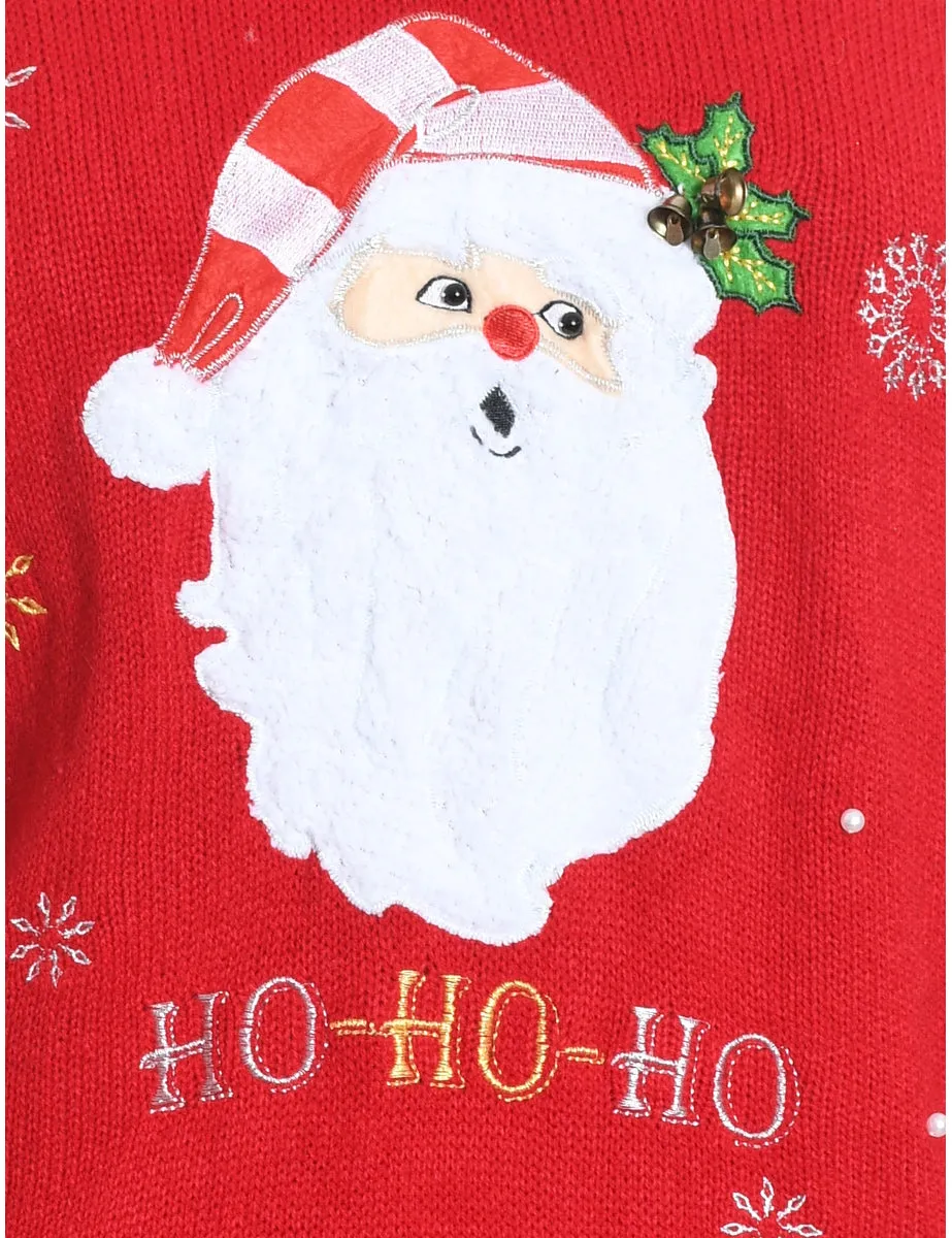 Santa Claus Design Red Embroidered Christmas Jumper - L