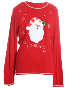 Santa Claus Design Red Embroidered Christmas Jumper - L