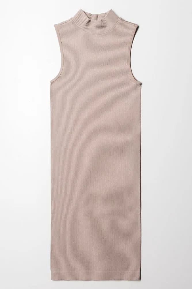 Seamless Turtle Neck Sleeveless Dress Natural