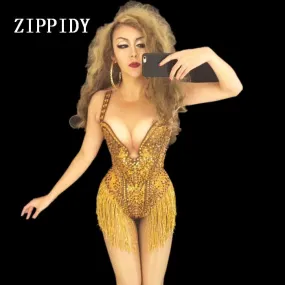 Sexy Shining Gold Stones Fringes Leotard Women Party Celebrate Dance Performance Outfit Skinny Stage Show Costume Wear