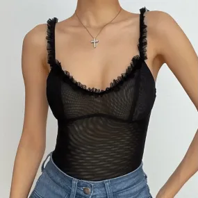 Sheer mesh ruffle see through v neck solid sleeveless bodysuit