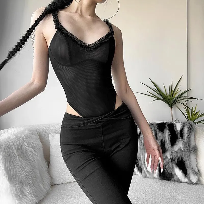 Sheer mesh ruffle see through v neck solid sleeveless bodysuit