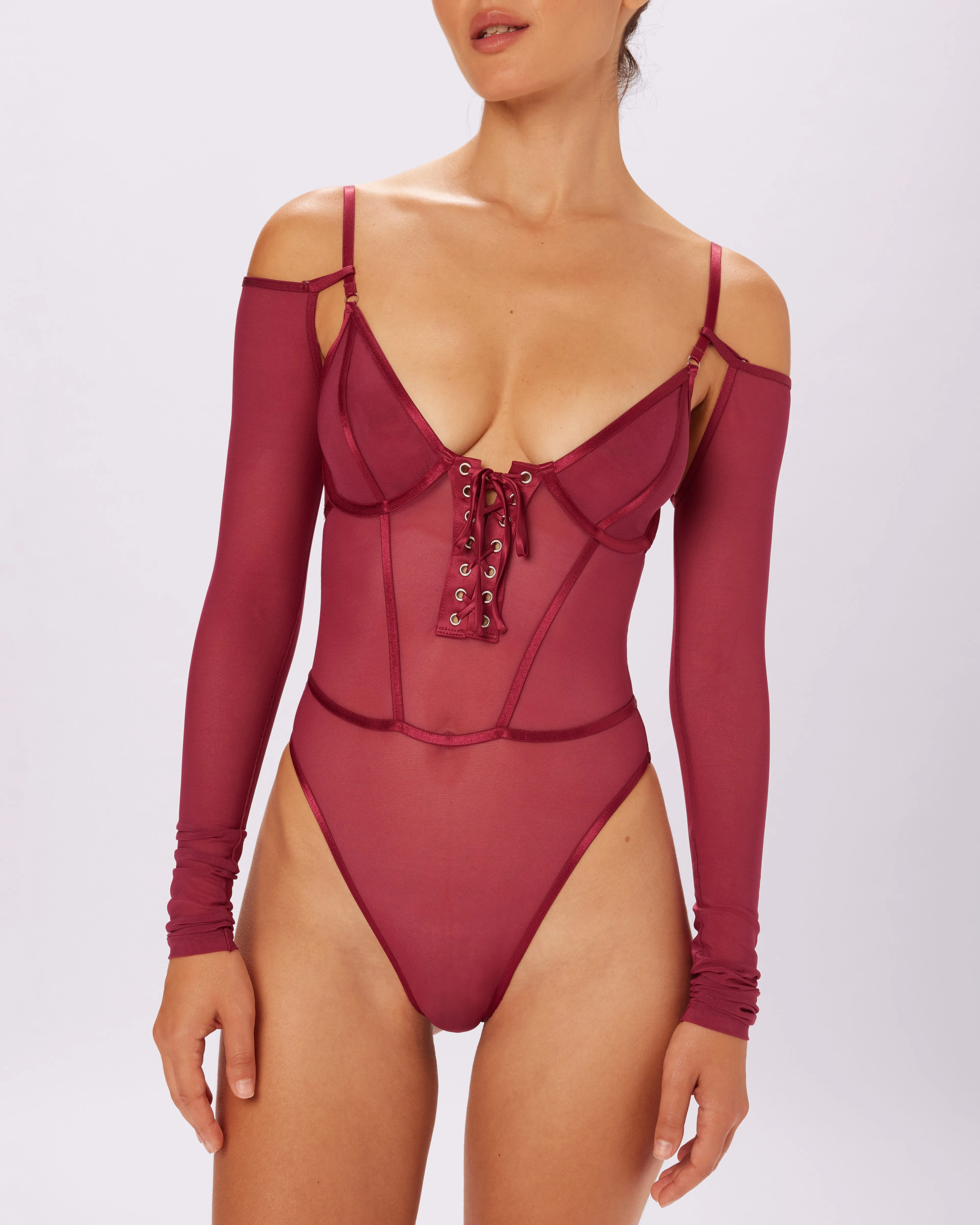 Sheer Sculpt Convertible Sleeve Bodysuit | Silky Mesh | Archive (Lambrusco)