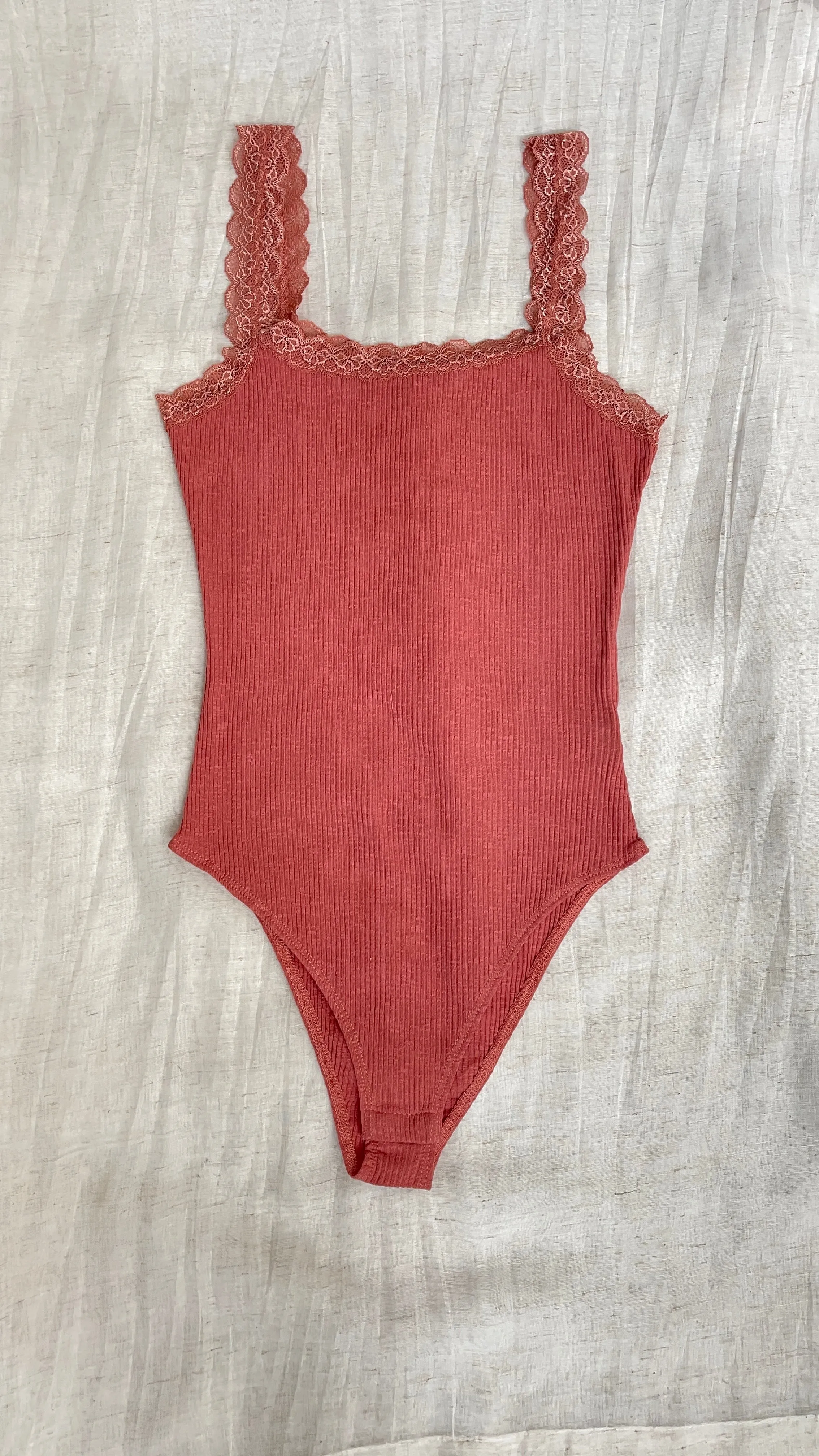 Simple Times Lace Trim Bodysuit in Sienna