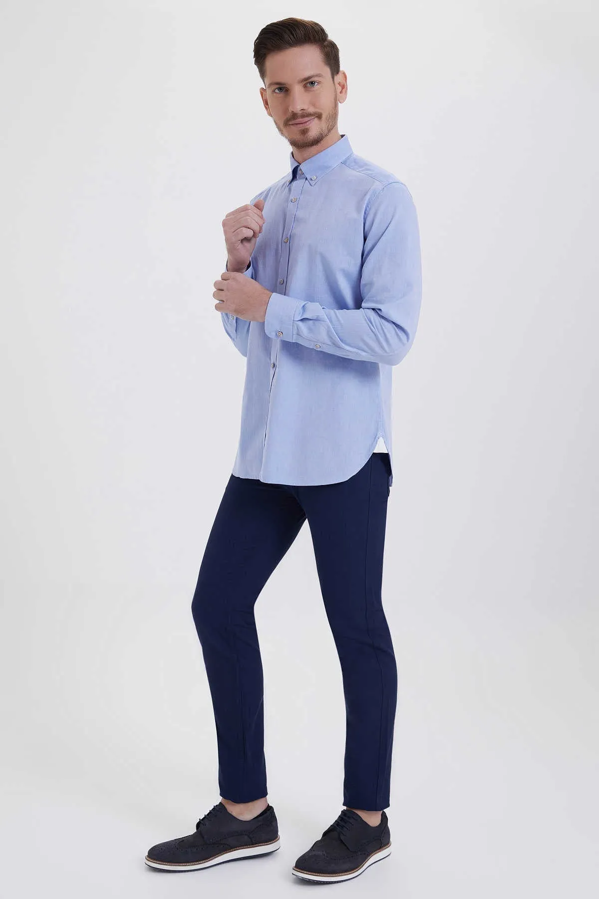 Slim Fit Button-Down Cotton Light Blue Casual Shirt