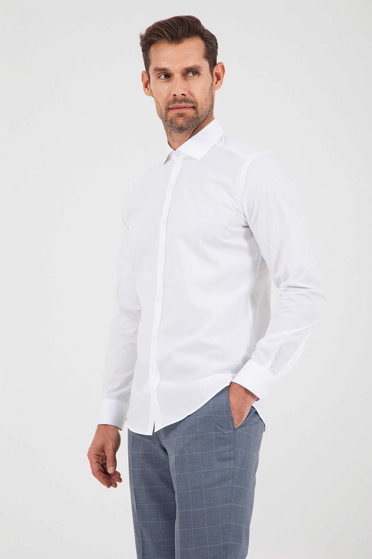 Slim Fit Long Sleeve 100% Cotton White Dress Shirt