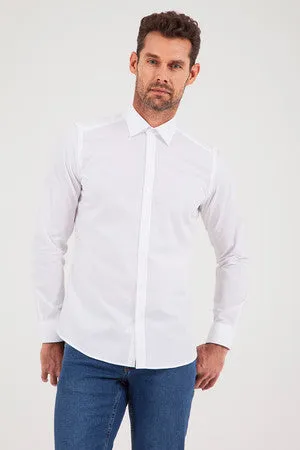 Slim Fit Long Sleeve Patterned Cotton Dress Shirt, White D.