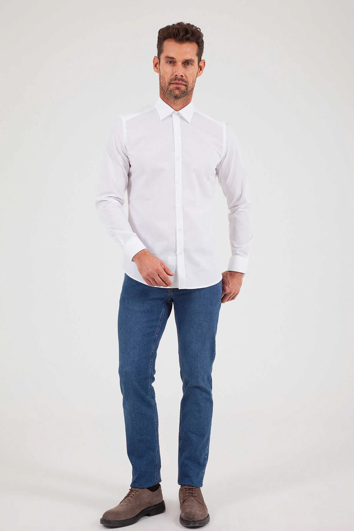 Slim Fit Long Sleeve Patterned Cotton Dress Shirt, White D.