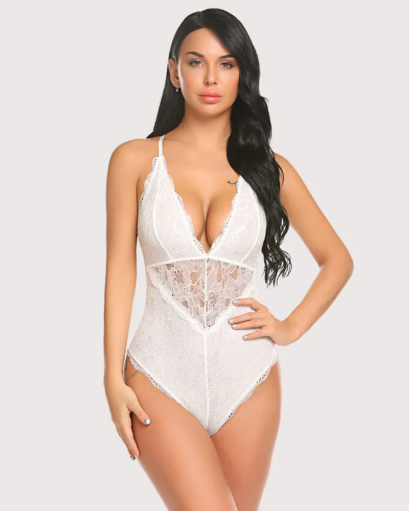 Snap Crotch Lace Bodysuit Deep V Teddy