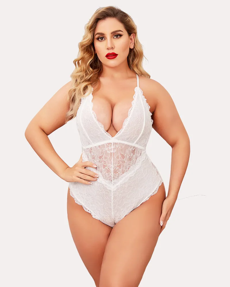 Snap Crotch Lace Bodysuit Deep V Teddy