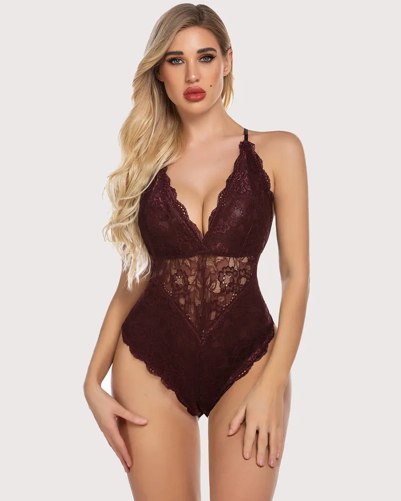 Snap Crotch Lace Bodysuit Deep V Teddy