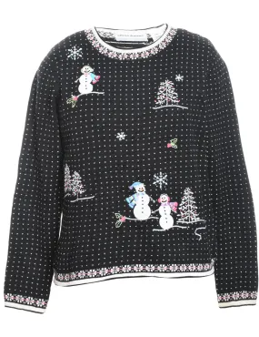 Snowman Design Black & White Embroidered Christmas Jumper - S