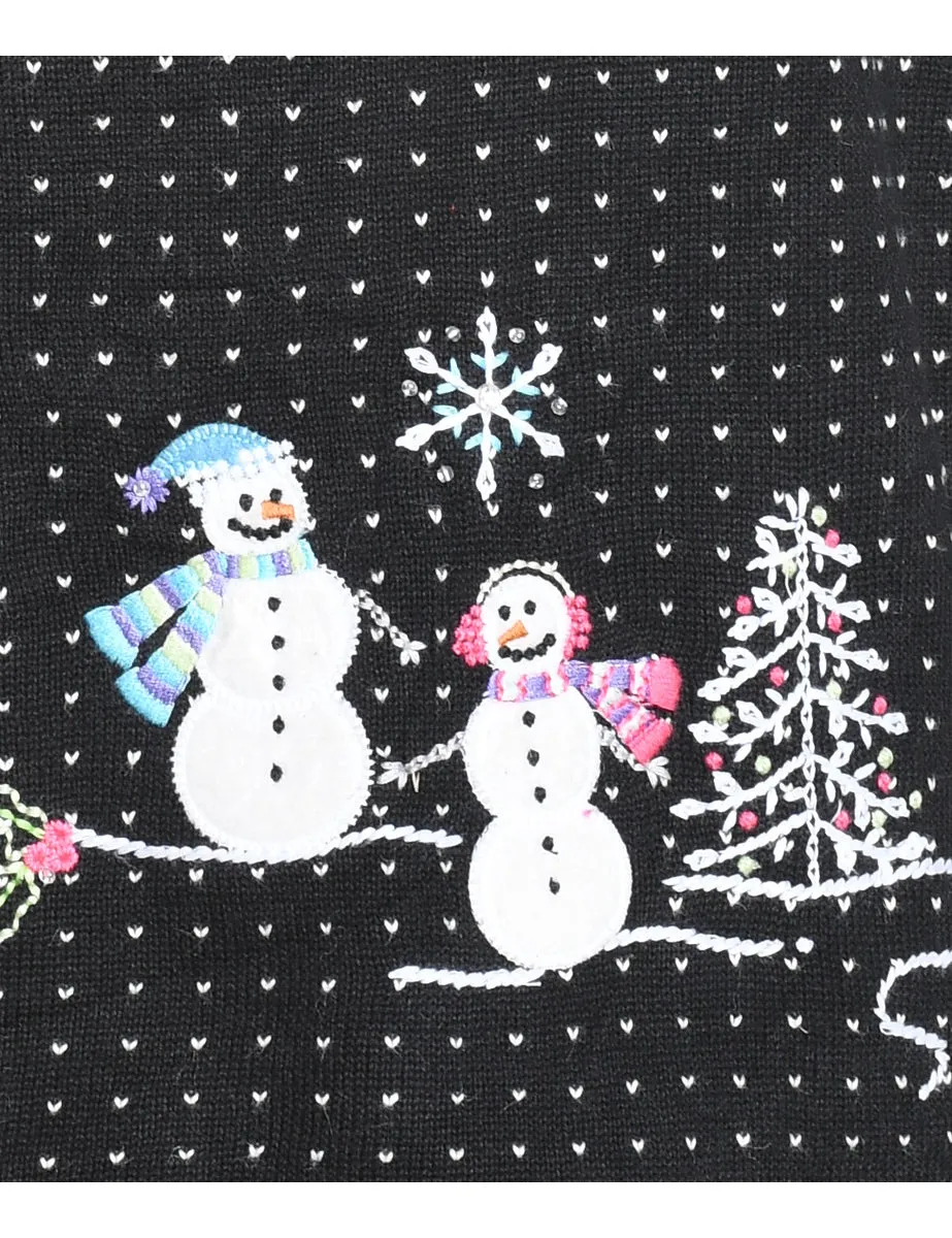 Snowman Design Black & White Embroidered Christmas Jumper - S