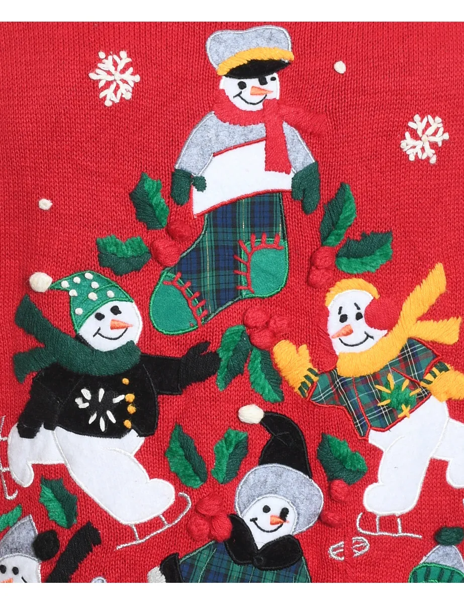 Snowman Design Red Embroidered Christmas Jumper - M