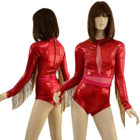 Sparkling Red Romper with Inset Mesh Keyhole and Waistband, and Gold Fringed Sleeves