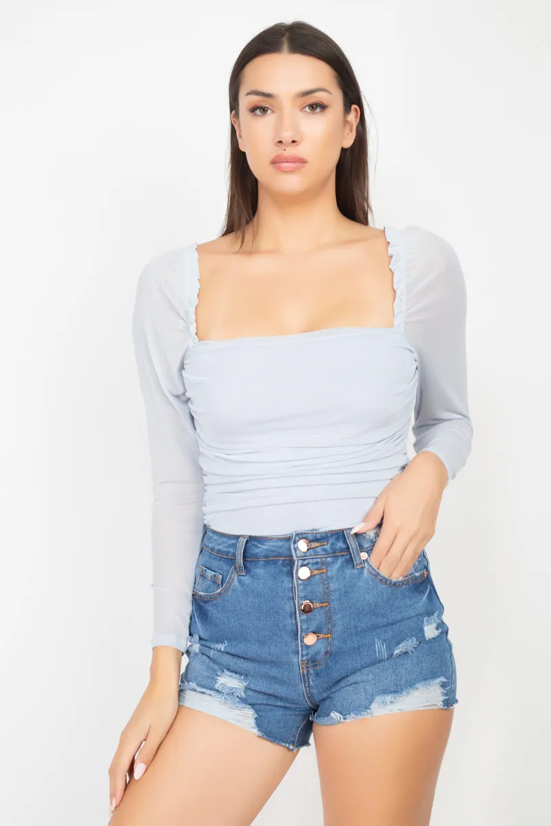 Square Neck Ruching Mesh Bodysuit