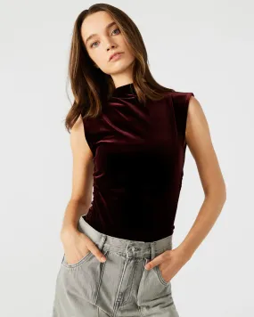 STE Esen Wine Mock Neck Ruched Bodysuit