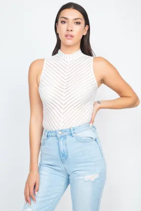 Stripe Mesh Mock Neck Bodysuit