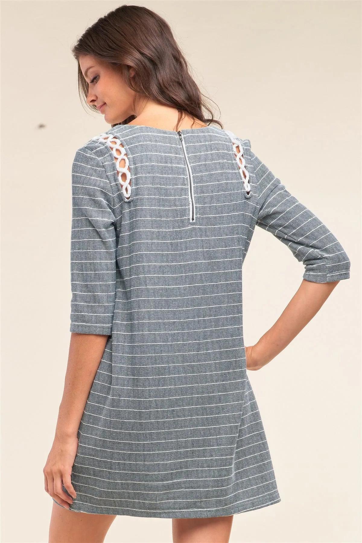 Striped Print Rope Loop Trim Detail Crew Neck Loose Fit Mini Dress /1-3-1