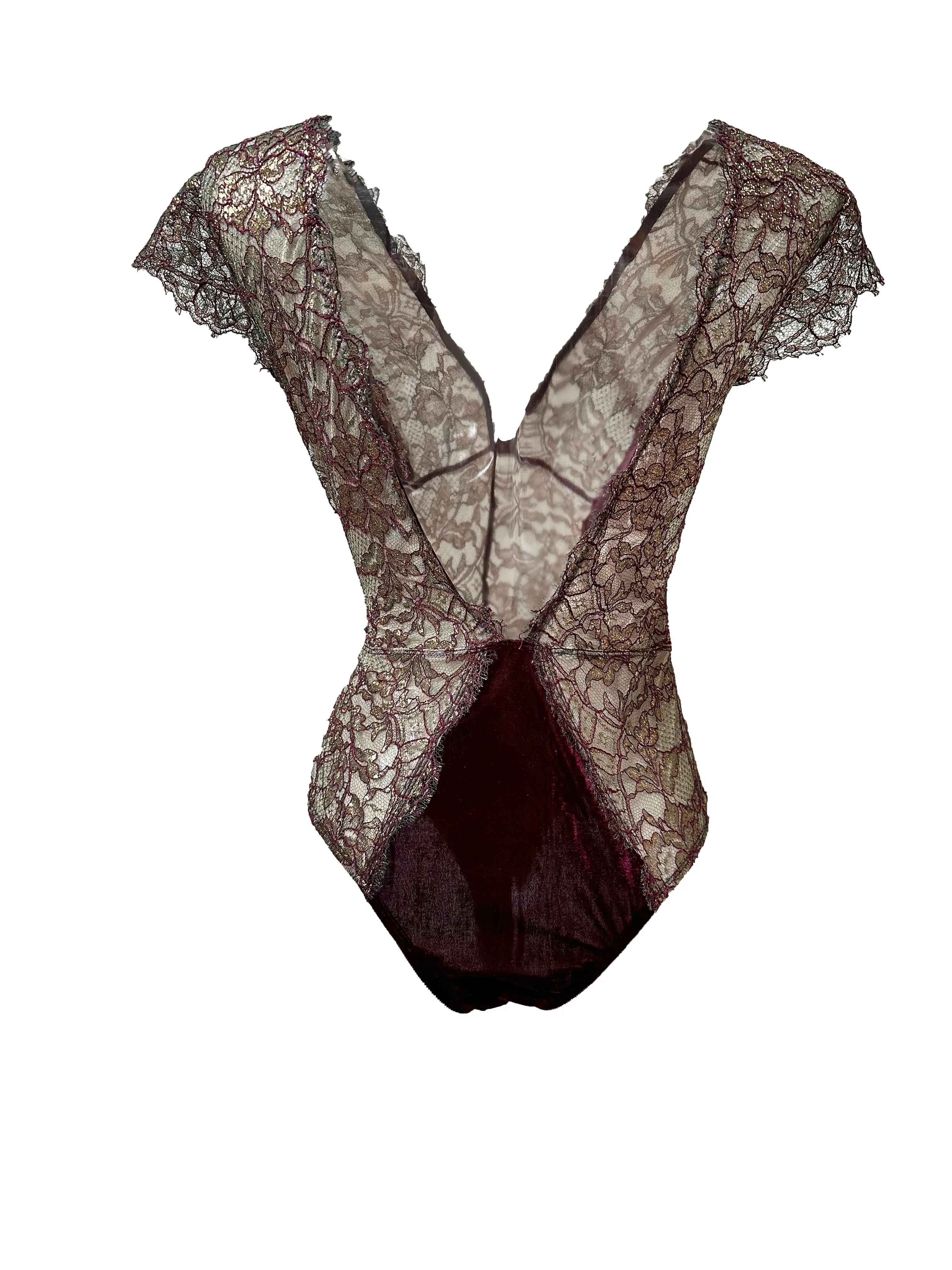 Time Travel Gold French Lace and Velvet Bodysuit