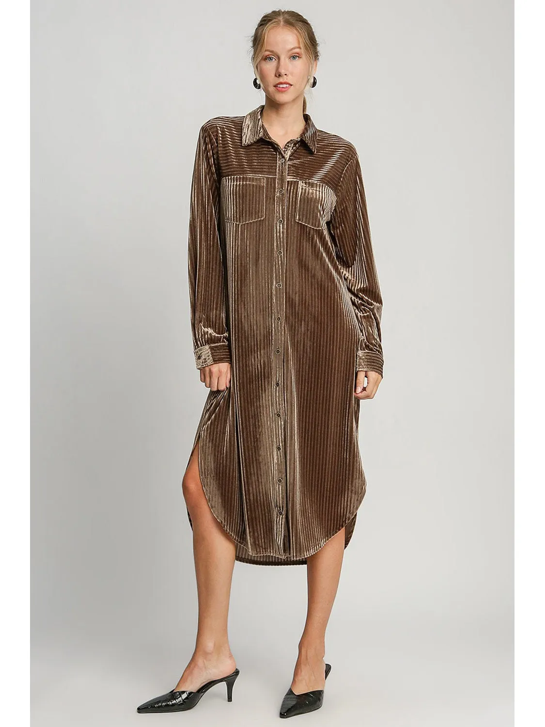 Umgee Texture Curved Hem Button Down Shirt Dress