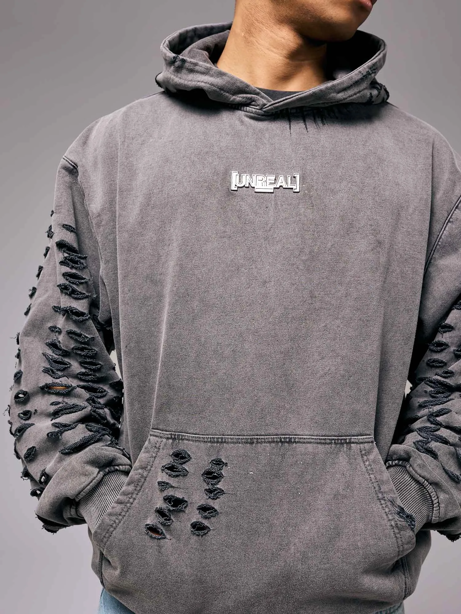 UNREAL DESTROYED Iron Hoodie Stone Washed Grey