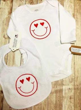 Valentines Love Hearts Smiley Face Baby Girl Boy Bodysuit Onesie and Bib Set , Newborn Shower Gift