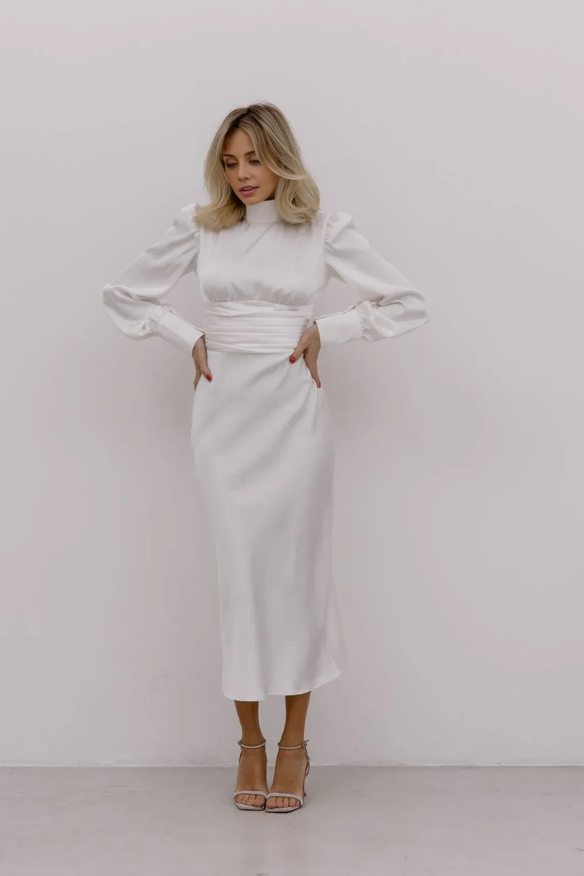 White Silk With Turtleneck Wedding Guest Dress Long Sleeves Formal Dress