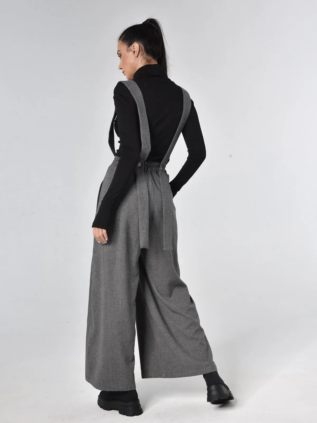 Wide-Leg Wool Pants With Suspenders