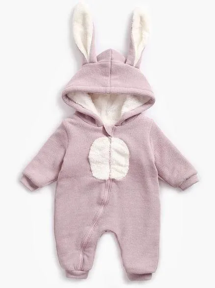 Winter Bunny Ear Pattern Adorable Fleece-lined Infant Baby Overall Pajama