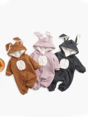 Winter Bunny Ear Pattern Adorable Fleece-lined Infant Baby Overall Pajama