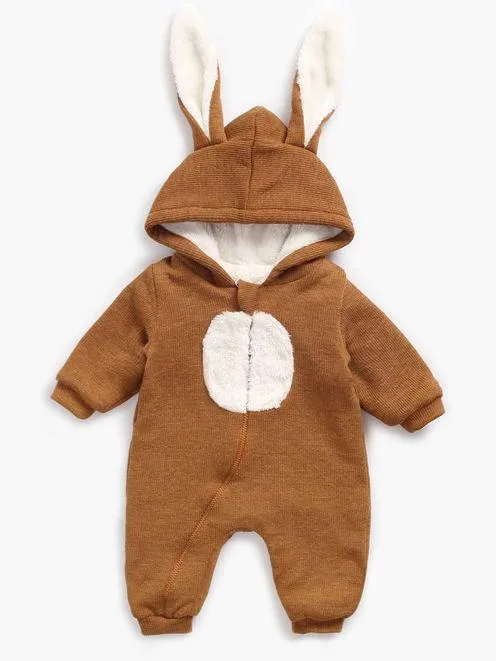 Winter Bunny Ear Pattern Adorable Fleece-lined Infant Baby Overall Pajama