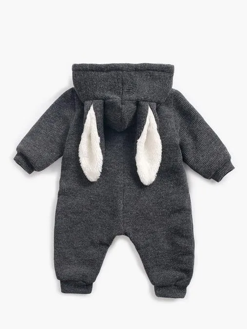 Winter Bunny Ear Pattern Adorable Fleece-lined Infant Baby Overall Pajama