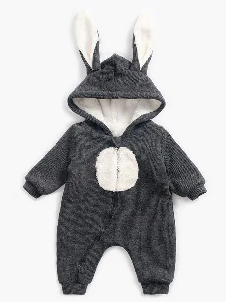 Winter Bunny Ear Pattern Adorable Fleece-lined Infant Baby Overall Pajama