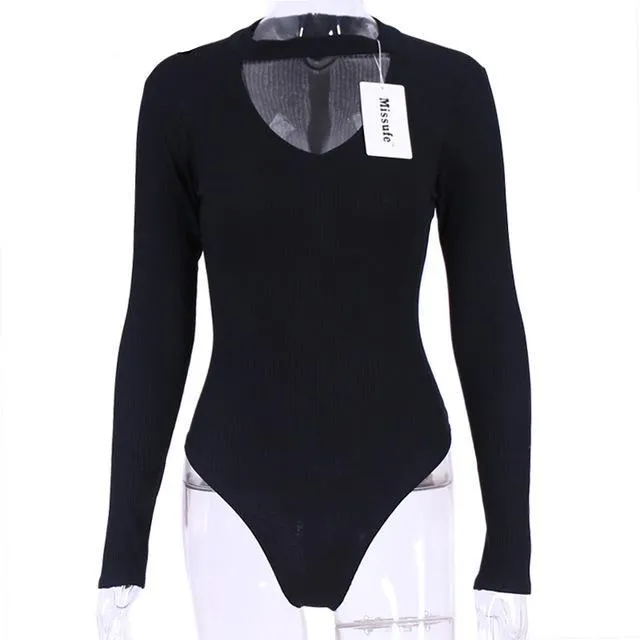 Women Casual Knitted Choker Neck Bodysuit