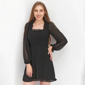 Women's chiffon Ribbed Dress,Black