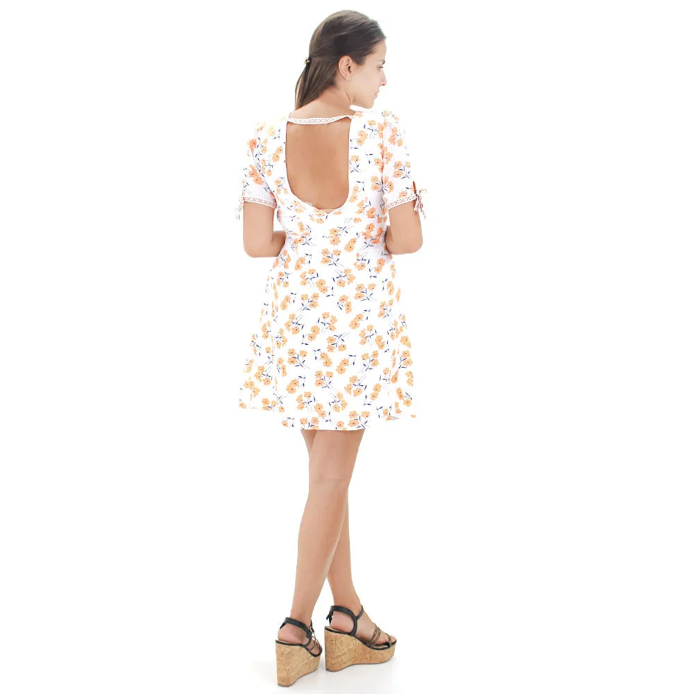 Women's Floral V-Neck Open Back Dress,White