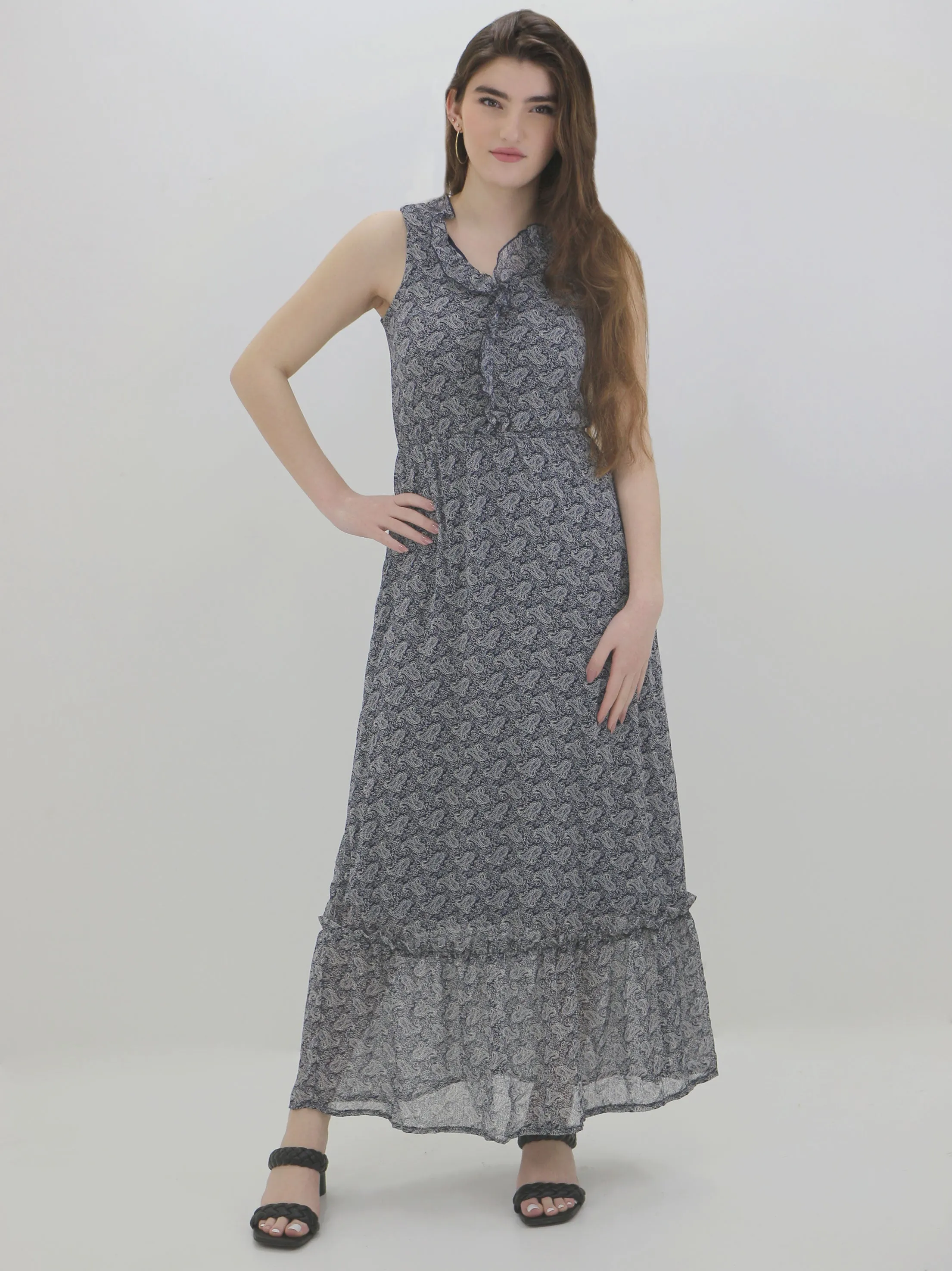 Women's Patterned Long Dress,Navy