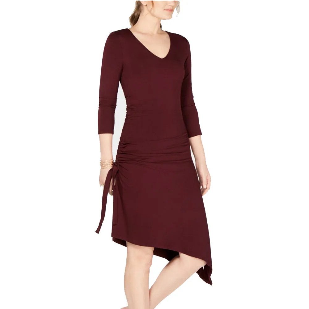 Women's Side Ruched Asymmetrical Dress,Burgundy