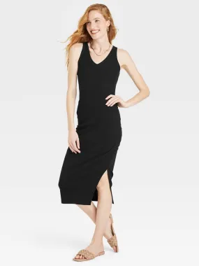 Women's Side Ruched Ribbed Dress,Black