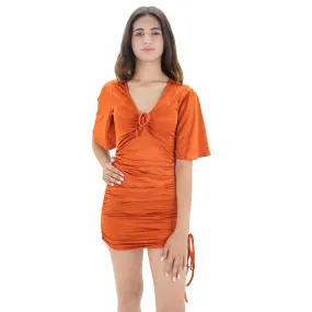 Women's Solid Ruched Side & Neck Mini Dress,Brick