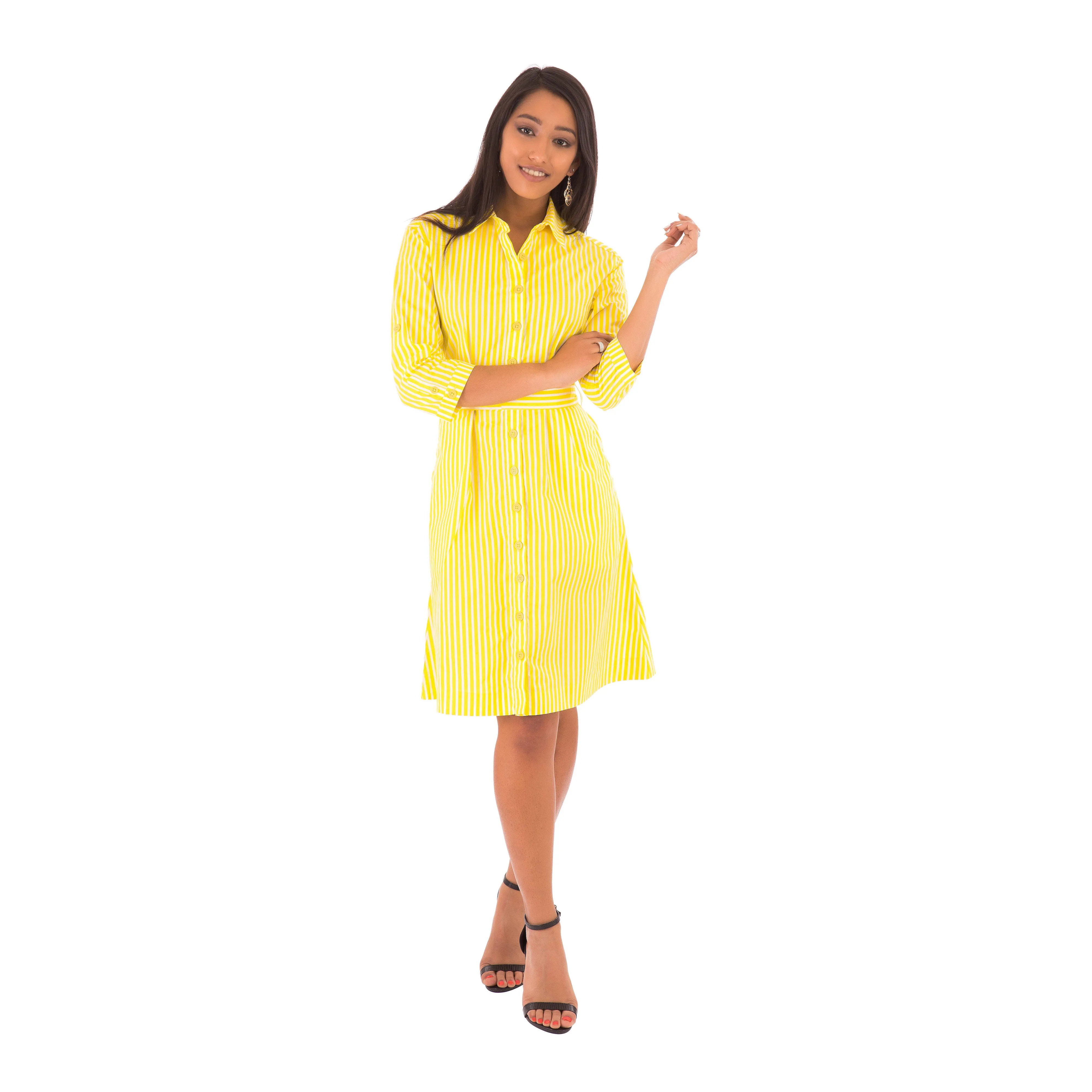 Yellow Shirt Dress Cotton Stripe Print Mid Waist Tie Adjustable Sleeves Pockets Price