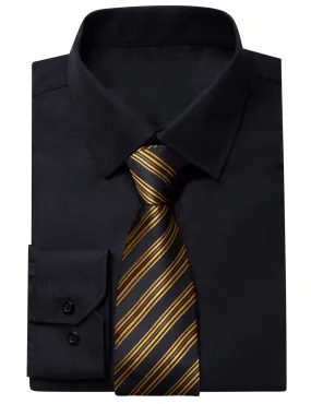 YourTies Black Solid Long Sleeve Shirt with Gold Black Striped Silk Tie for Men