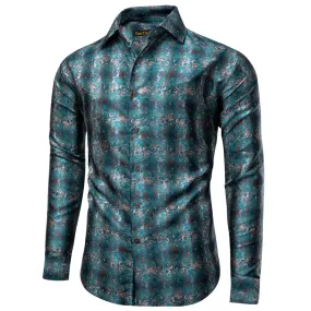 YourTies Shirt for Men Midnight Green Floral Silk Long Sleeve Button Down Shirt